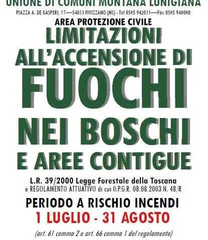 Divieto Accensione Fuochi nei Boschi  e aree contigue dal 1 Luglio al 31 Agosto.