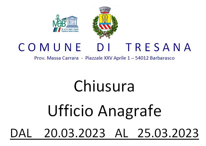 Chiusura ufficio anagrafe dal 20.03.2023 al 25.03.2023