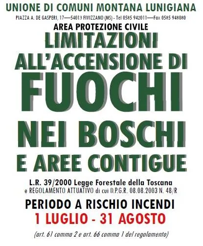 Divieto Accensione Fuochi nei Boschi  e aree contigue dal 1 Luglio al 31 Agosto.