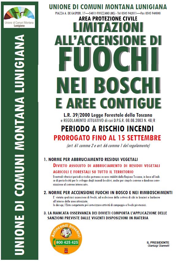 DIVIETO DI ABBRUCIAMENTO DI RESIDUI VEGETALI AGRICOLI E FORESTALI SU TUTTO IL TERRITORIO dal 1 Luglio al 31 Agosto.